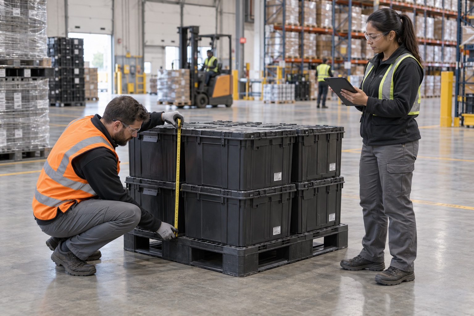 Especialistas midiendo carga y dimensiones sobre un pallet plástico