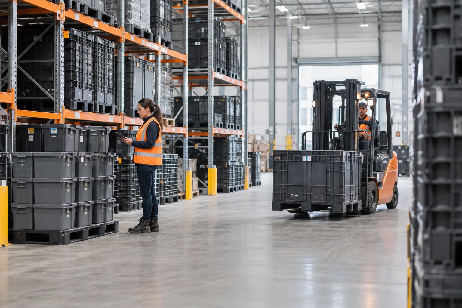 Operación de almacén con contenedores plásticos, pallets y control digital